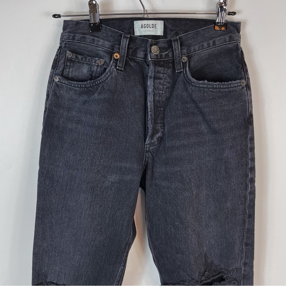 AGOLDE Lana Straight High Rise Button Fly Jeans Black Distressed - Picture 8 of 12